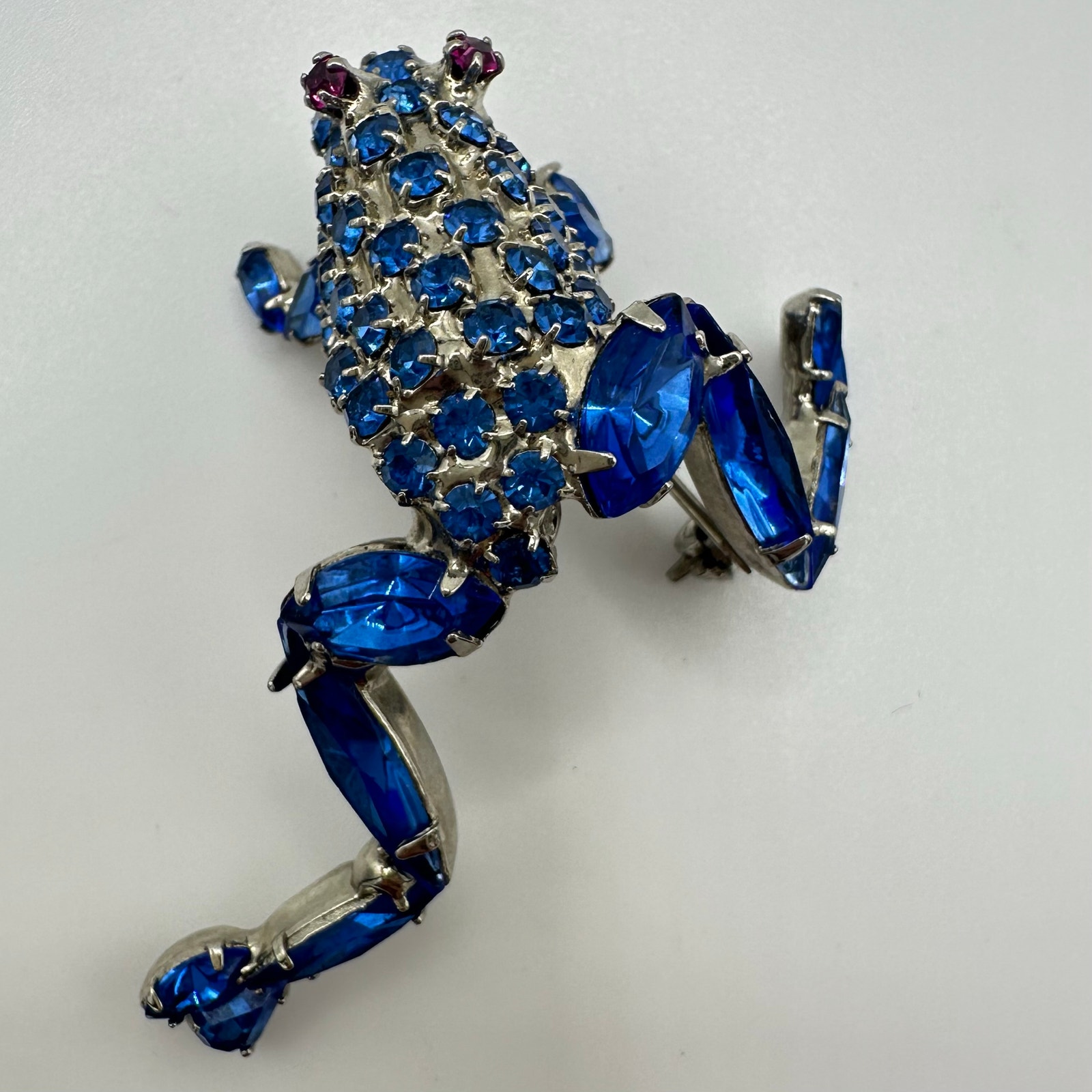 Bauer Silver Tone Rhodium Plated Royal Blue Red Glass Rhinestones Frog Brooch